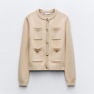 Zara | Ecru Golden Button Knit Cardigan Jacket Pockets Preppy | Sz Small